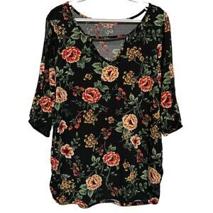 Liberty Love‎ Women's Black Floral Red Yellow Green Short Sleeve Blouse Size 2XL